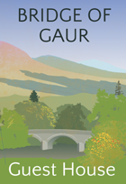 Logo of accommodation by Rannoch Moor showing the Bridge of Gaur in 1940s Poster Style